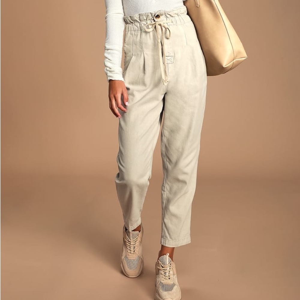 Free People Margate Beige Paperbag Waist Pleated Trouser Pants